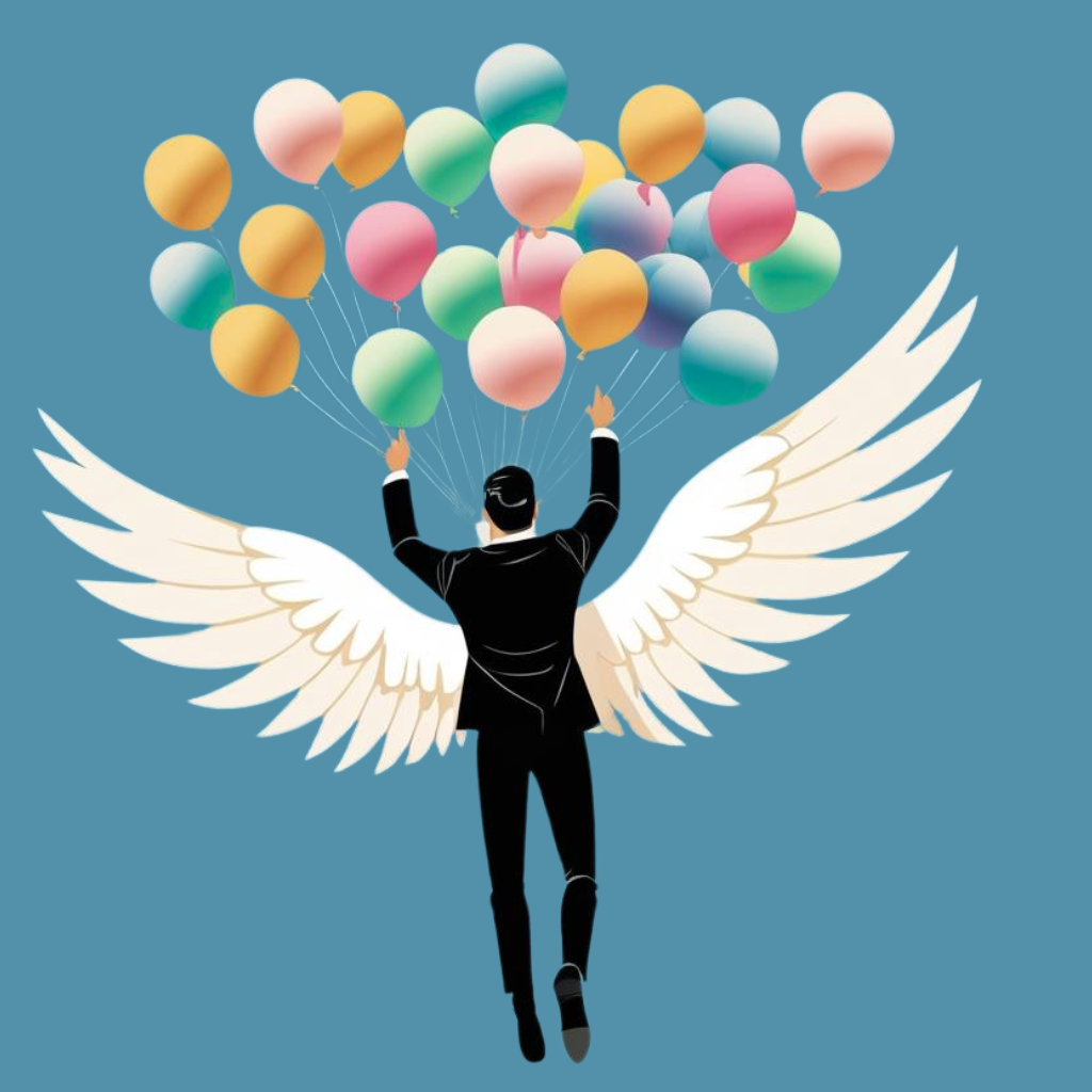 Man flying away with baloons